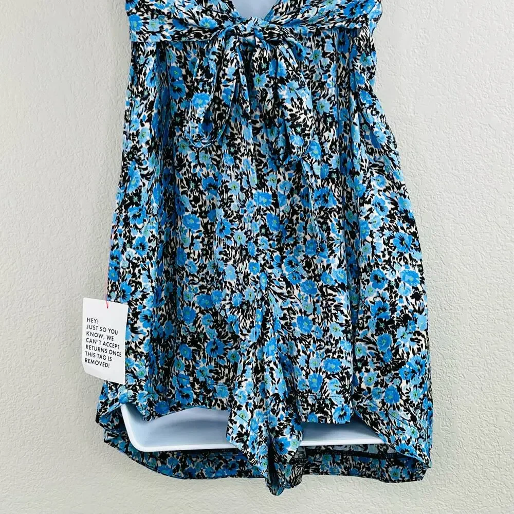 Topshop Floral Tie Back Romper Blue Black Boho Summer Beach Festival 6 NWT